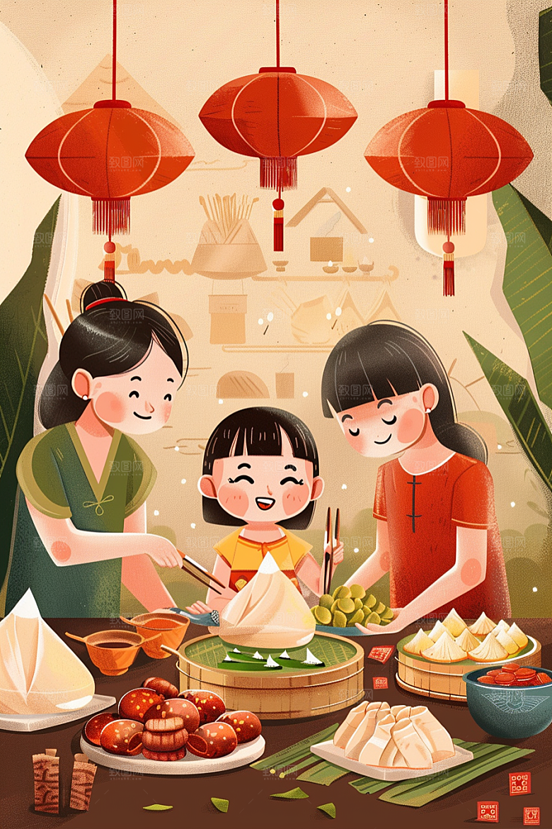 端午包粽子温馨端午节插画