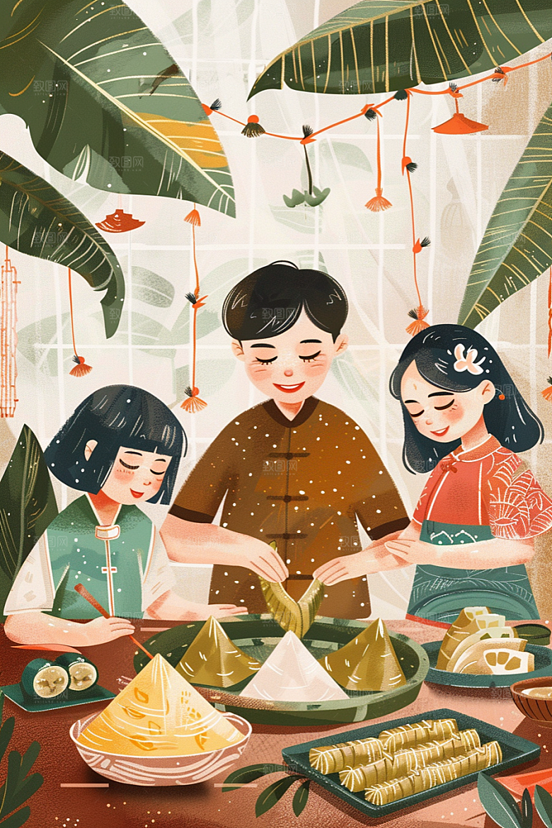 端午包粽子手绘传统文化插画