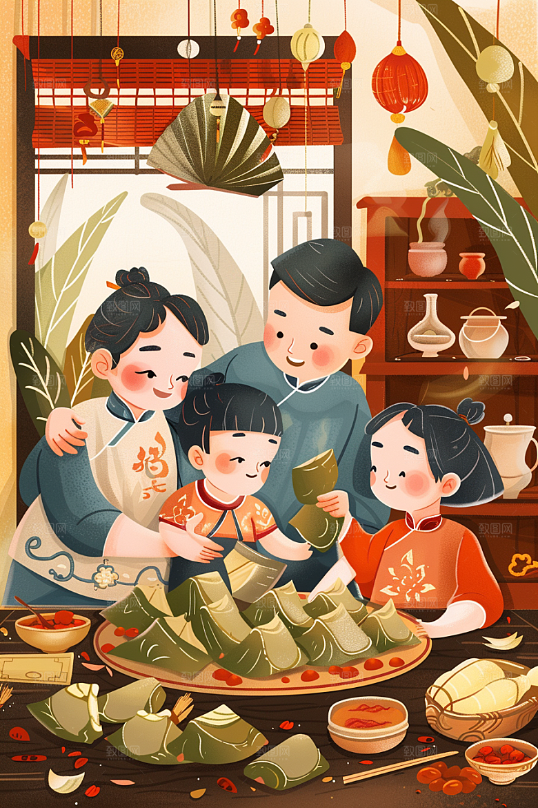 端午包粽子阖家团聚幸福插画
