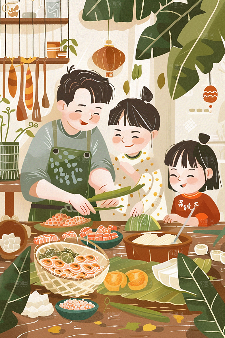 端午包粽子高清节日插画