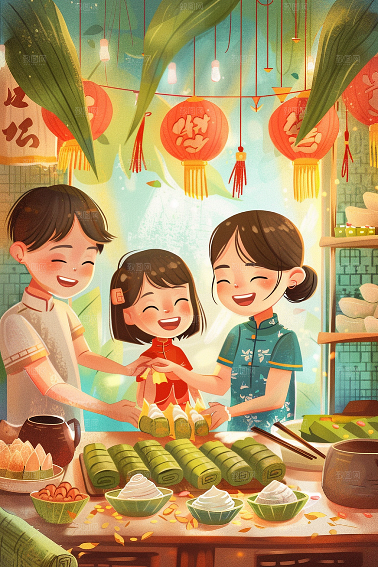 端午包粽子糯米温馨插画