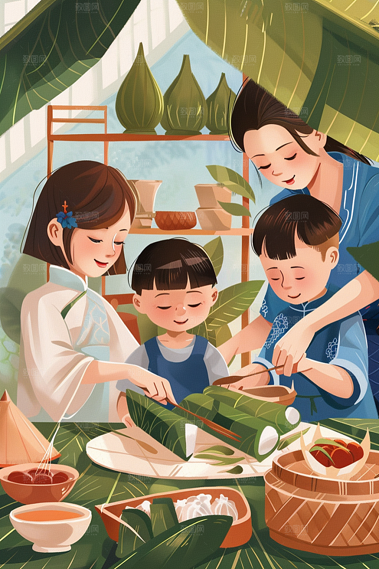 端午包粽子温馨手绘插画