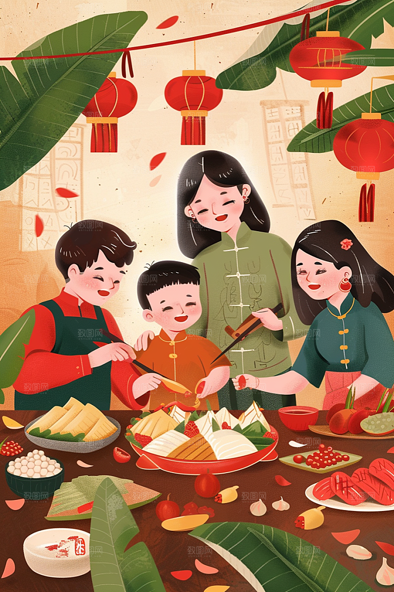 端午包粽子糯米习俗插画
