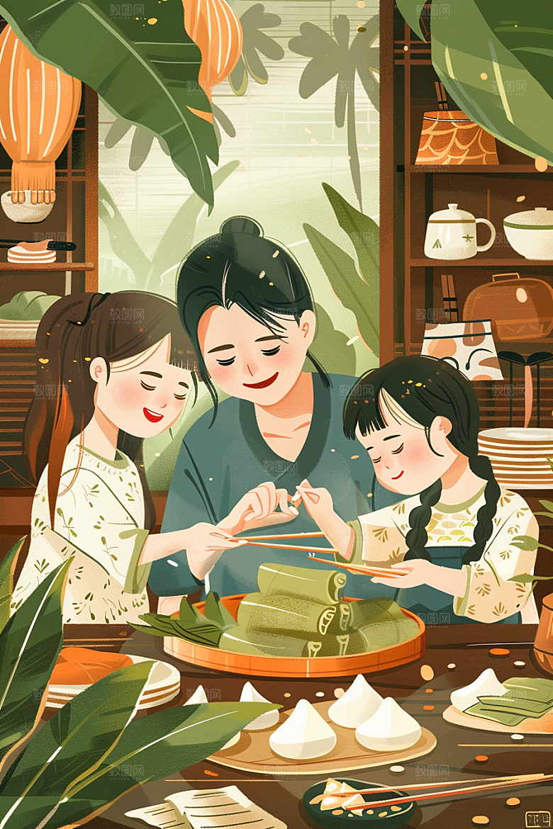 端午包粽子阖家团聚温馨插画