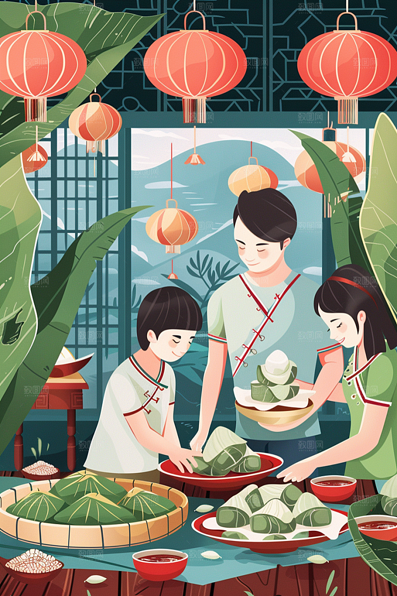 端午包粽子幸福习俗插画