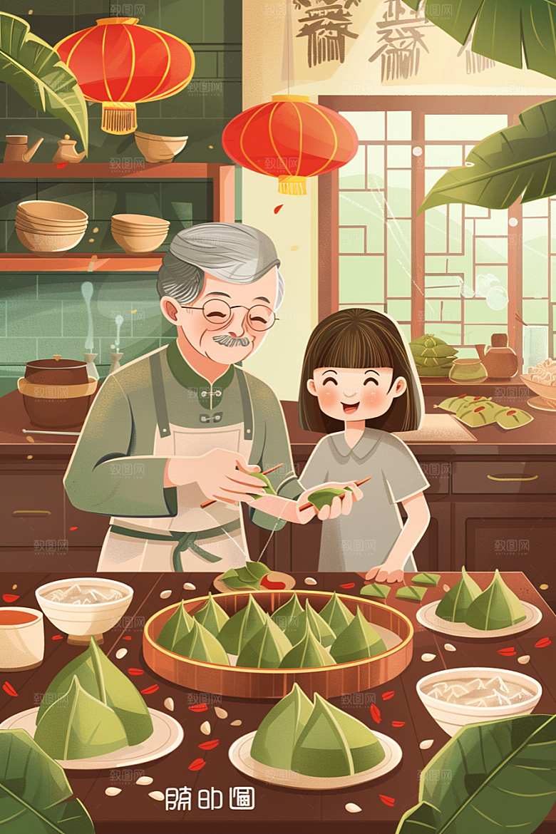 端午包粽子习俗美食插画