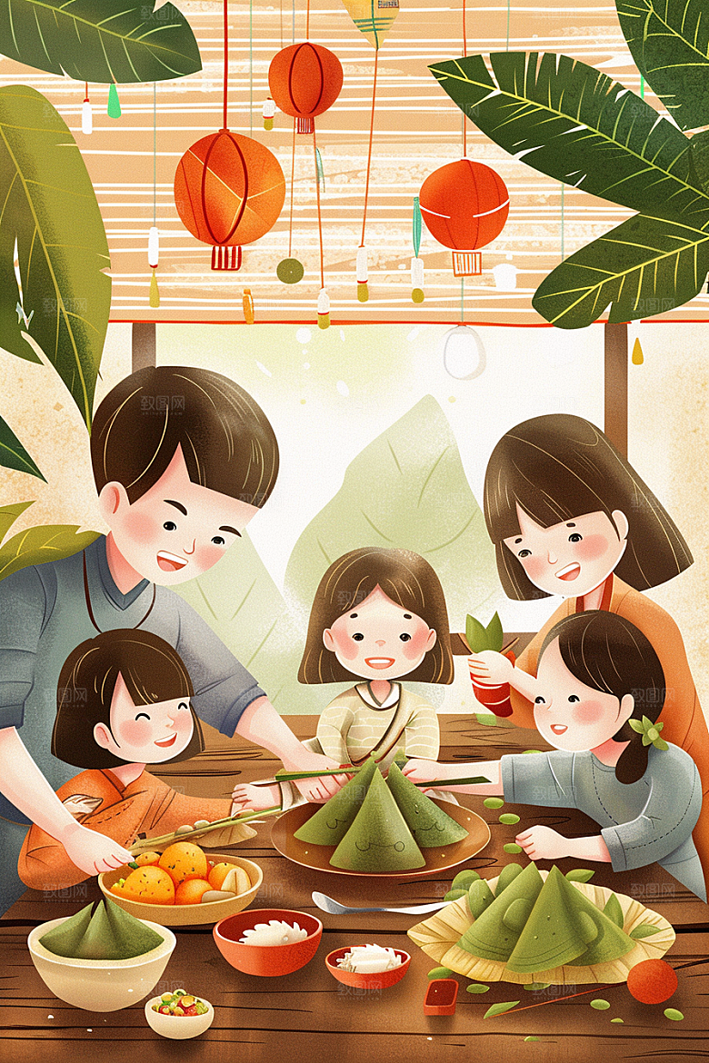 端午包粽子节日氛围阖家团聚插画