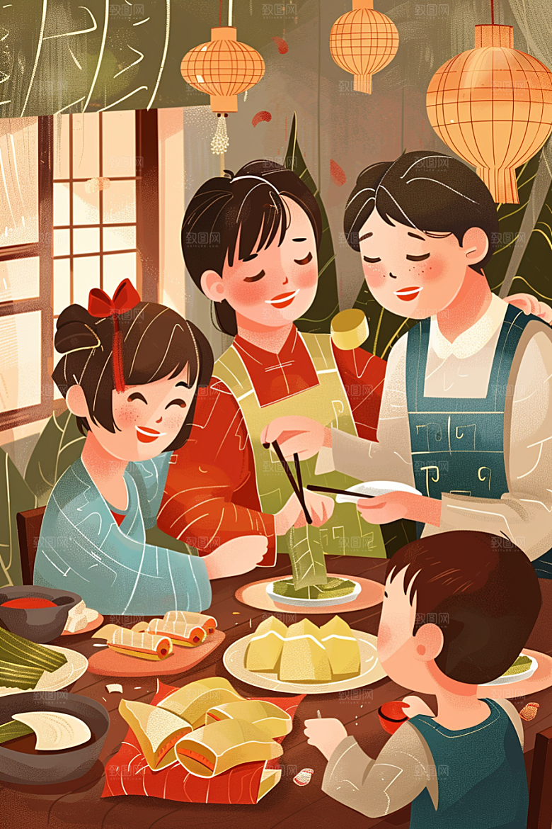 端午包粽子节日氛围手绘插画
