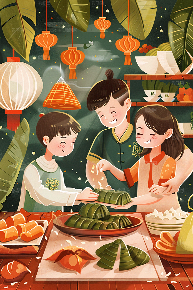 端午包粽子幸福小吃插画