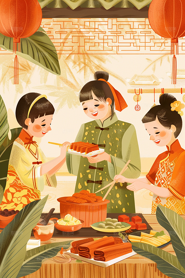 端午包粽子端午节节日氛围插画