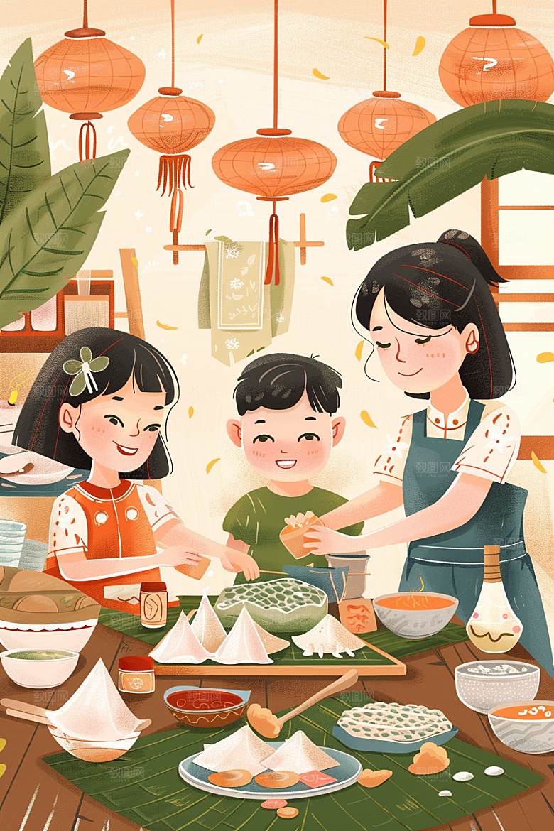 端午包粽子传统文化手绘插画