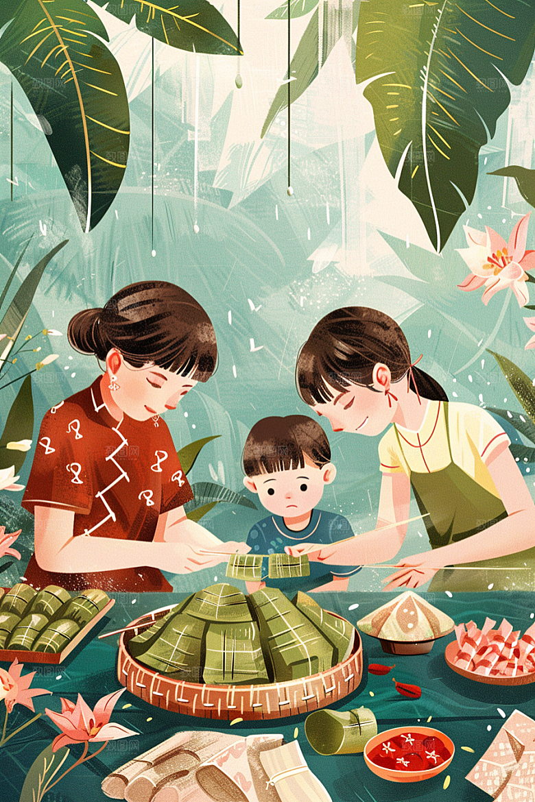 端午包粽子粽叶美味插画