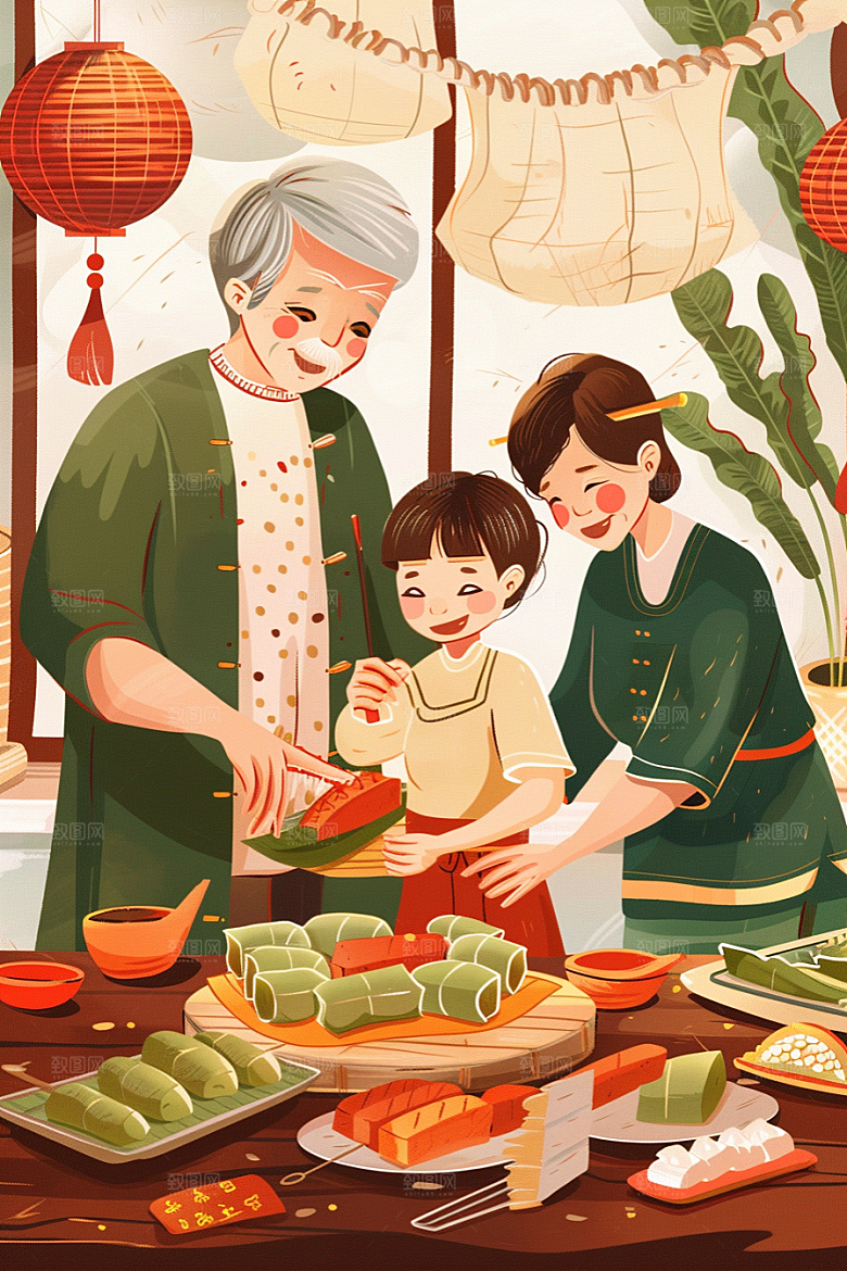 端午包粽子粽叶高清插画