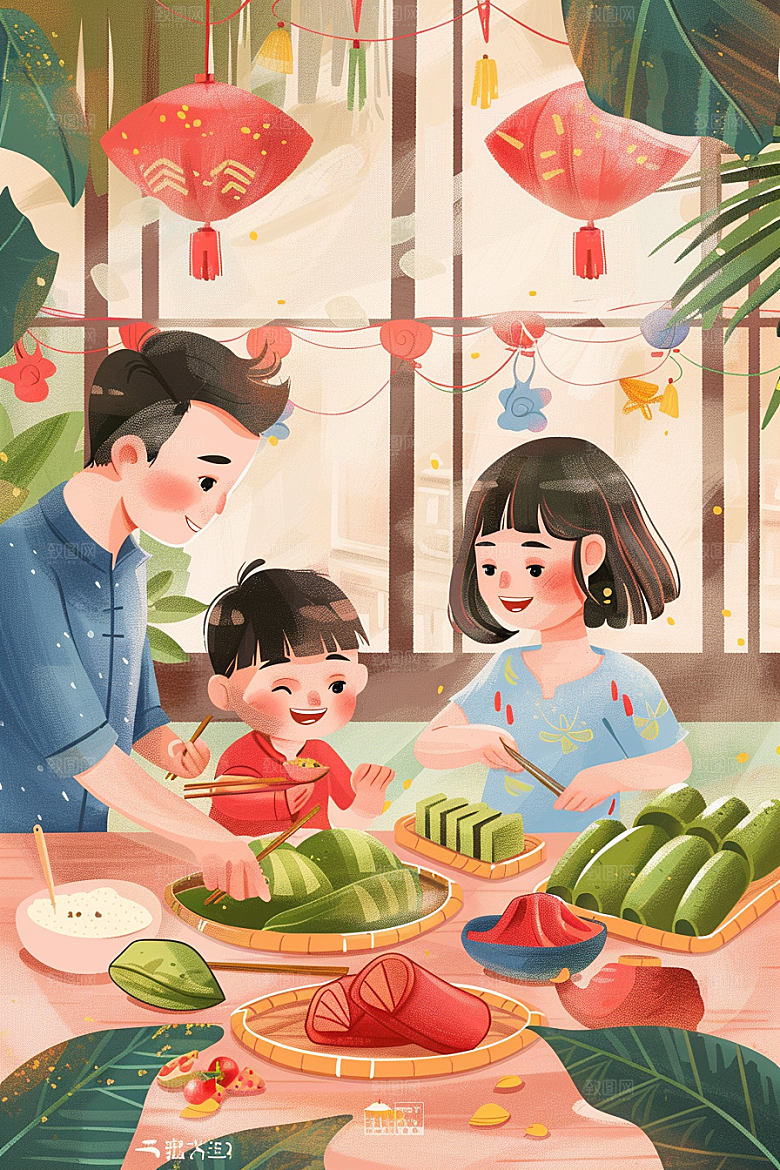 端午包粽子幸福小吃插画