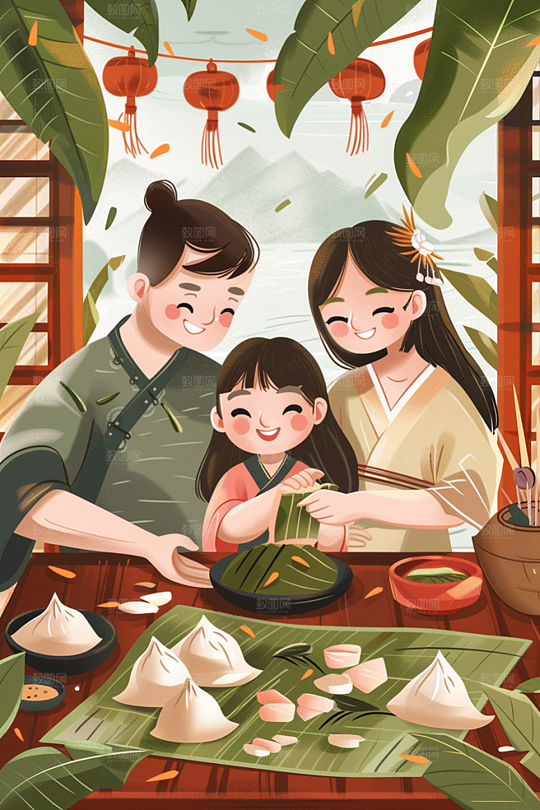 端午包粽子节日阖家团聚插画