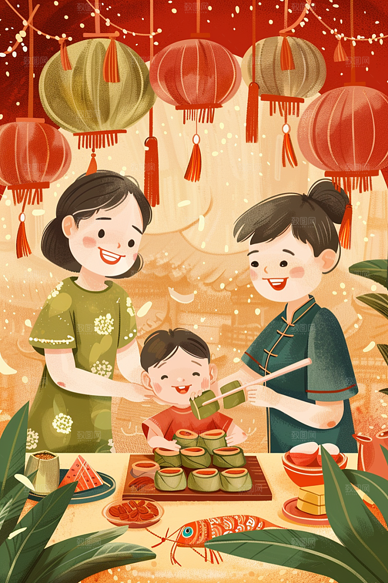 端午包粽子端午节美食插画