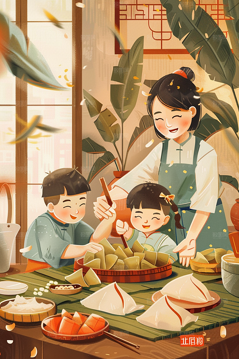 端午包粽子糯米小吃插画