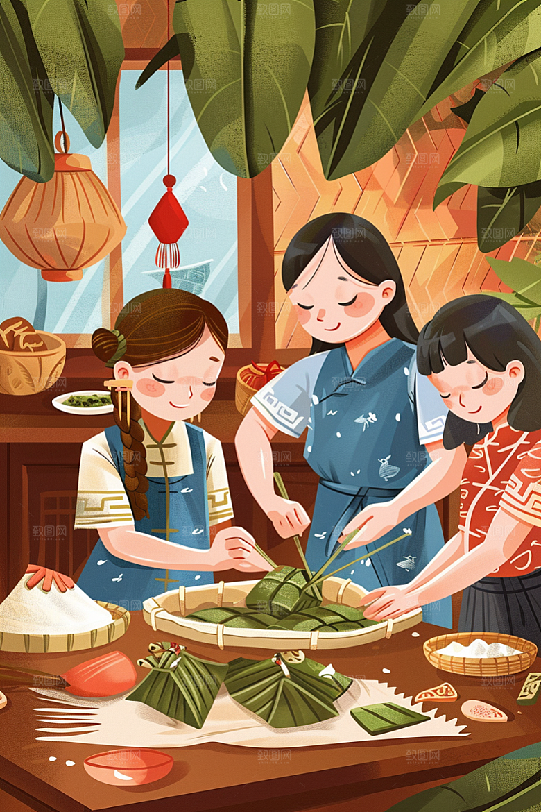 端午包粽子美味节日氛围插画