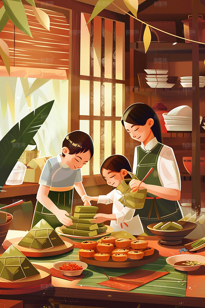 端午包粽子手绘温馨插画