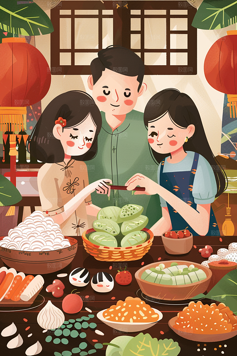 端午包粽子节日氛围传统文化插画