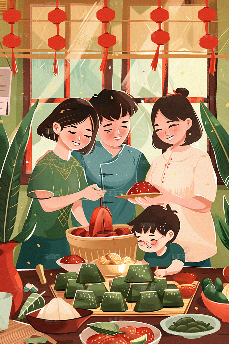 端午包粽子美味手绘插画
