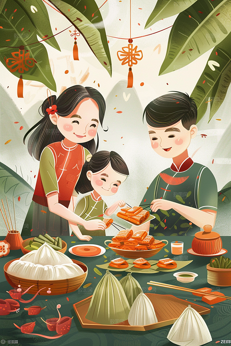 端午包粽子小吃习俗插画