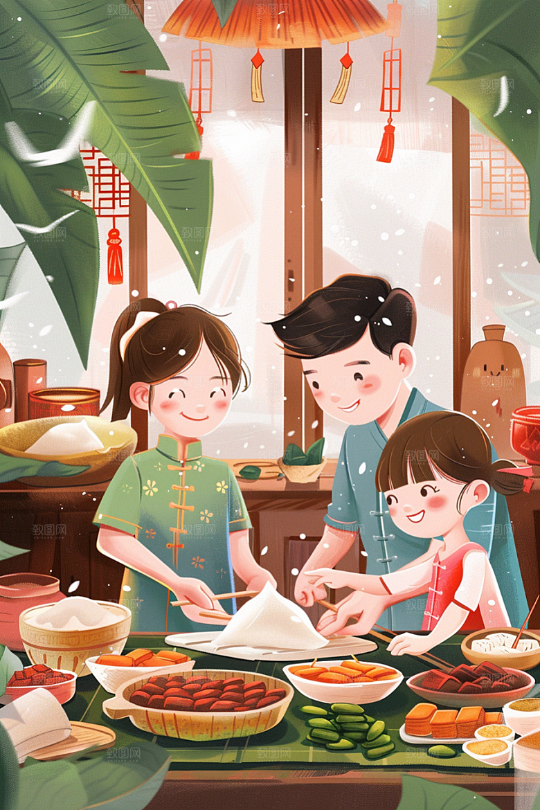 端午包粽子温馨小吃插画