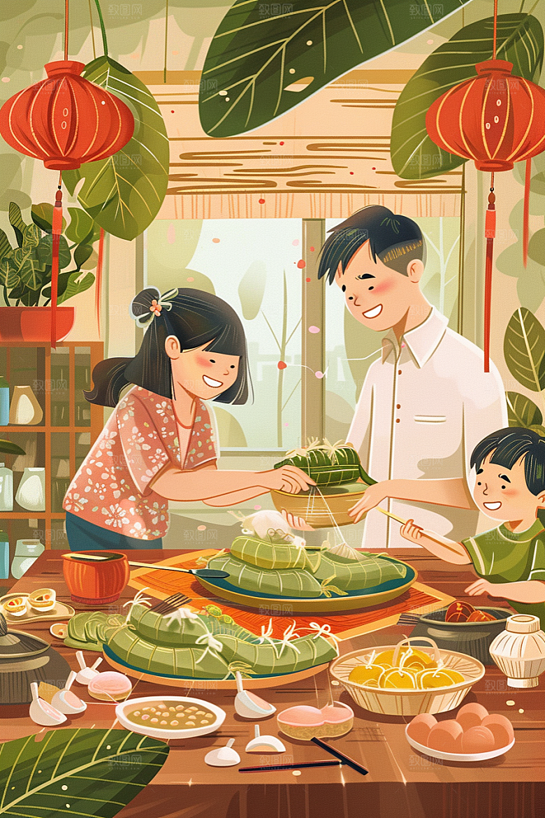 端午包粽子粽叶糯米插画