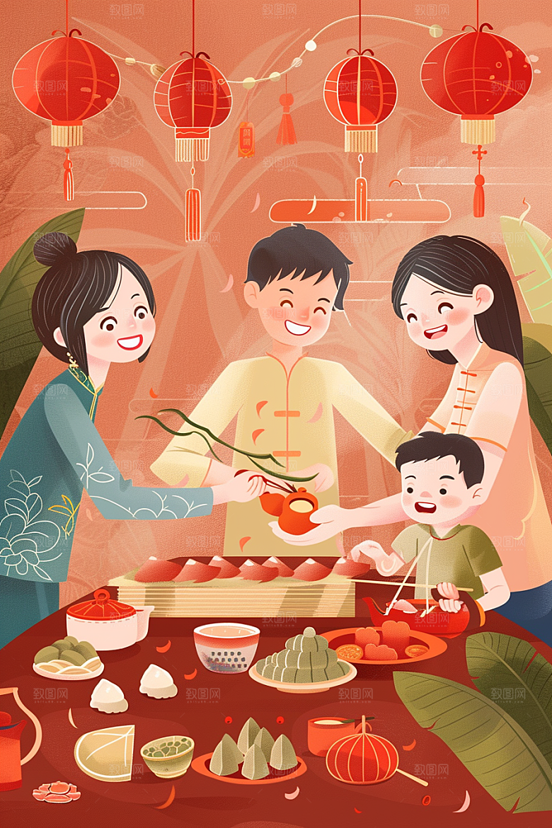 端午包粽子美味幸福插画