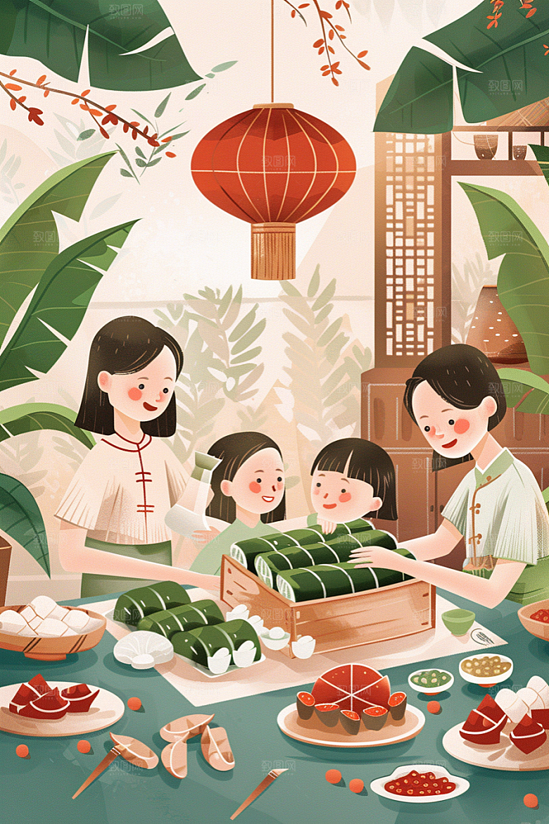 端午包粽子幸福高清插画