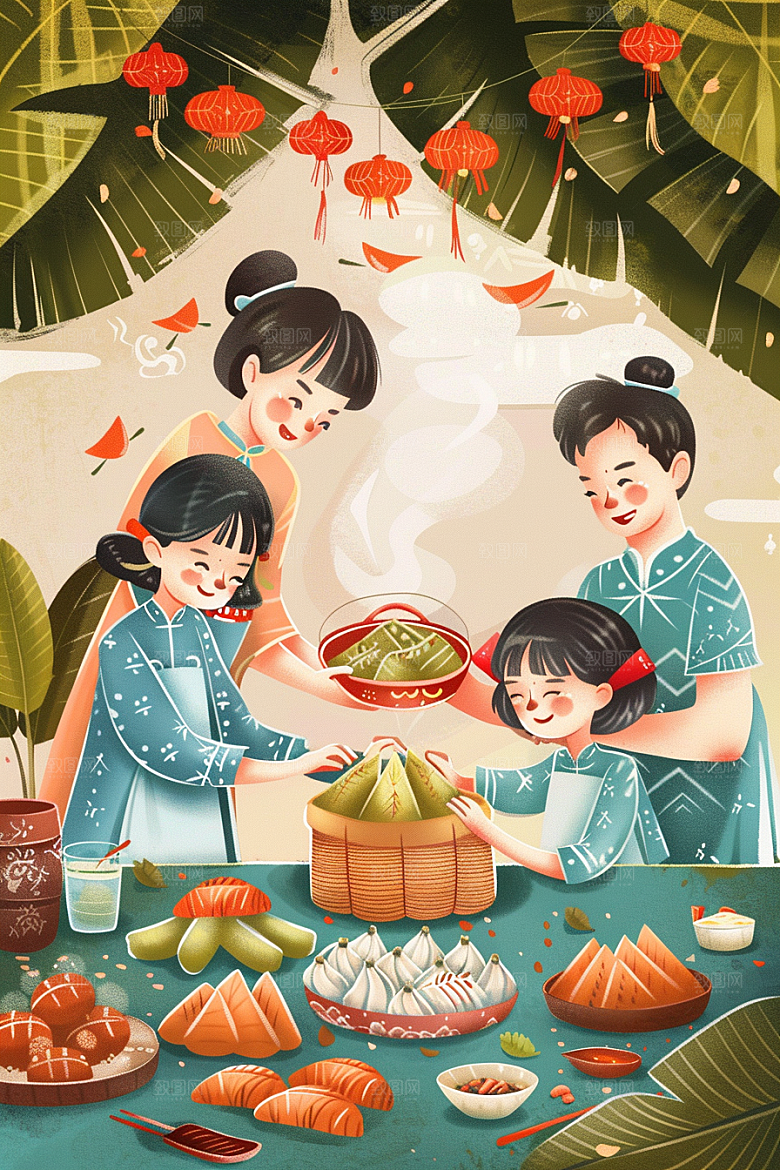 端午包粽子端午节习俗插画