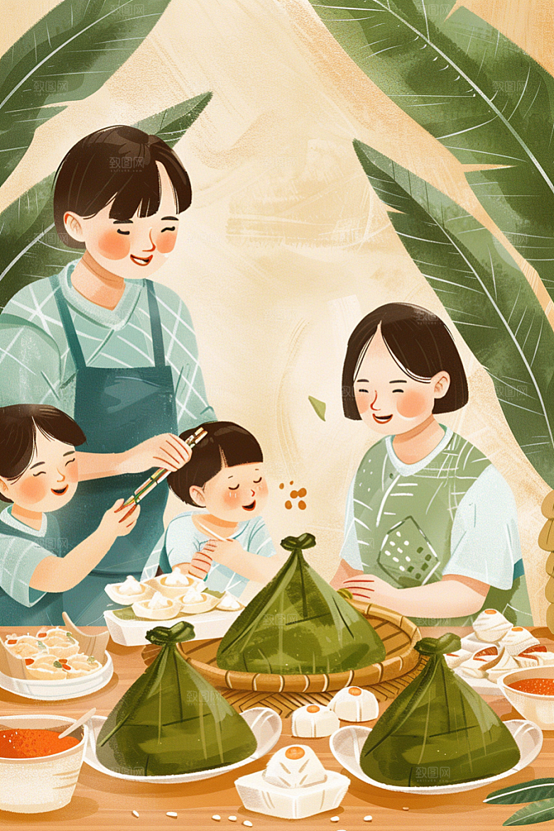 端午包粽子习俗温馨插画