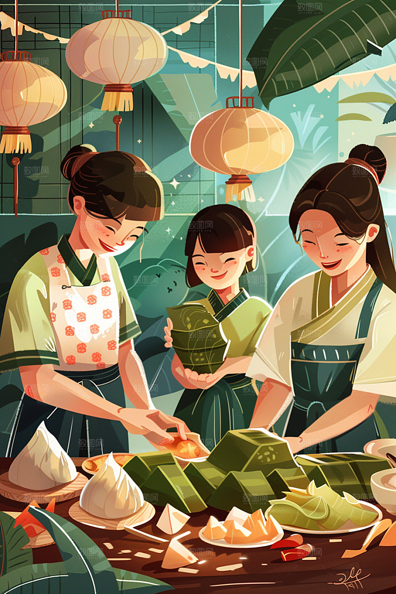 端午包粽子糯米粽叶插画