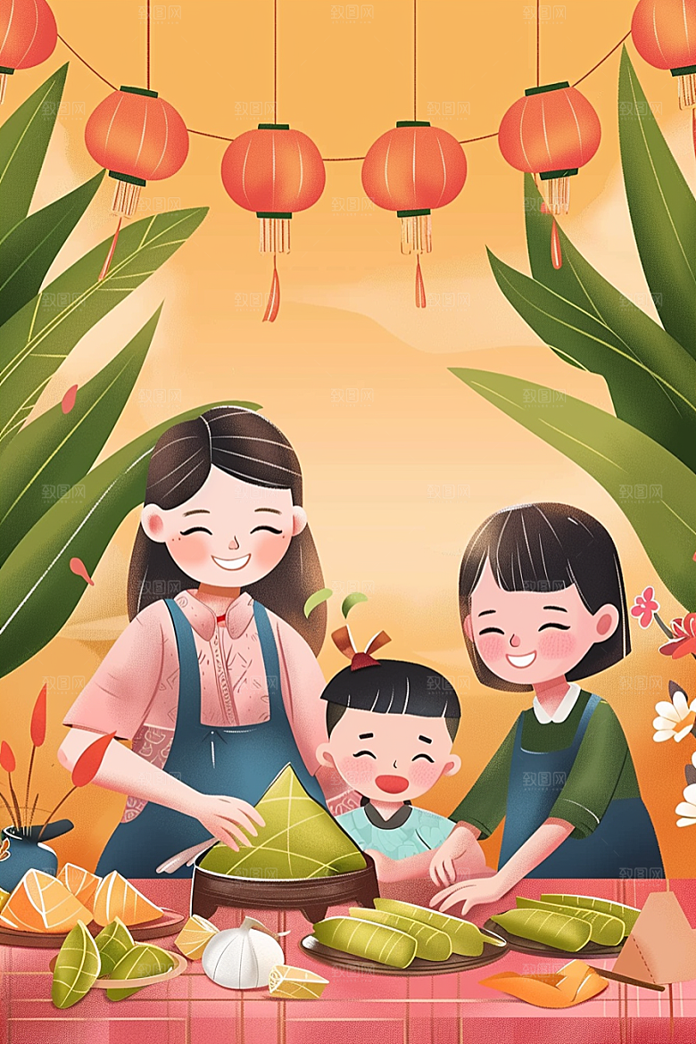端午包粽子美食糯米插画