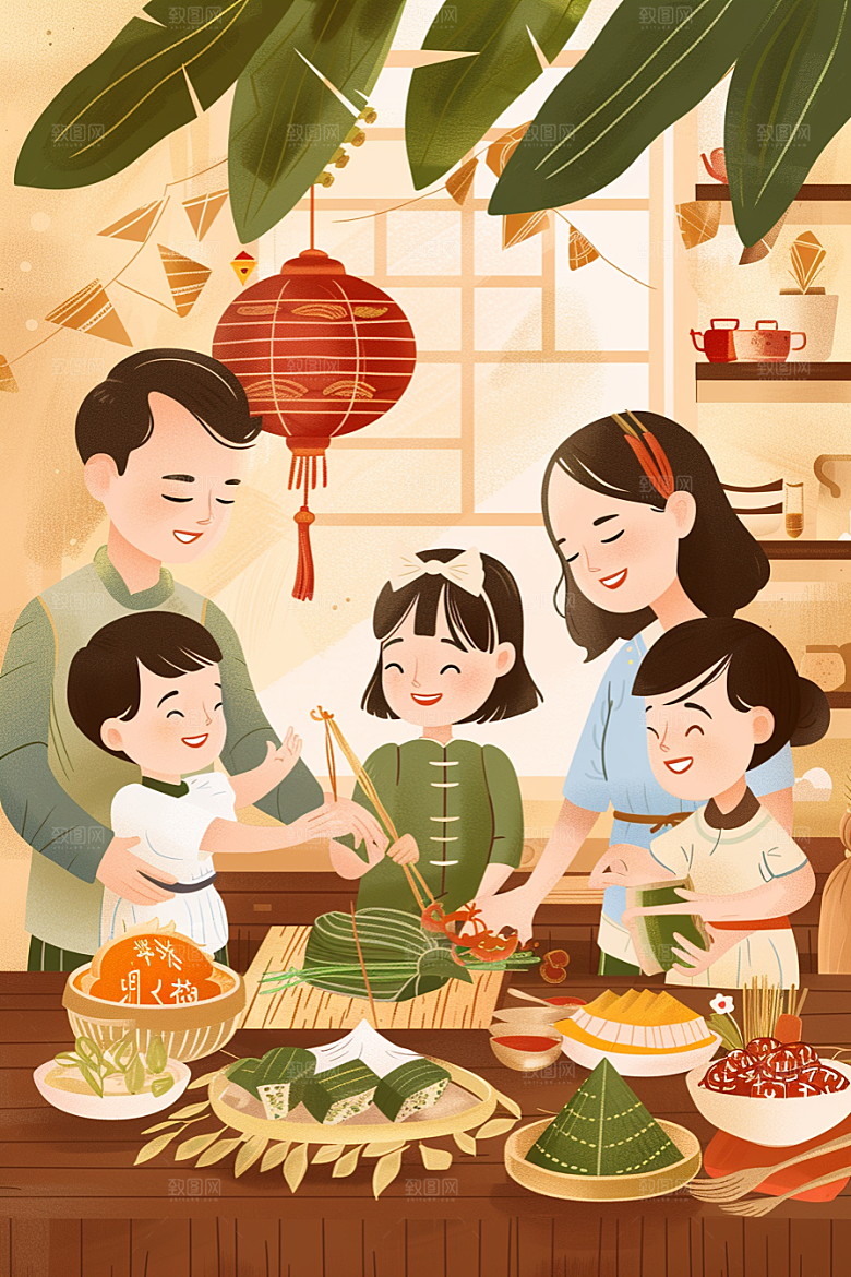 端午包粽子小吃手绘插画