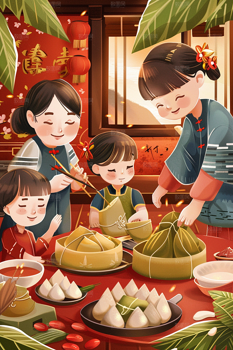 端午包粽子幸福温馨插画