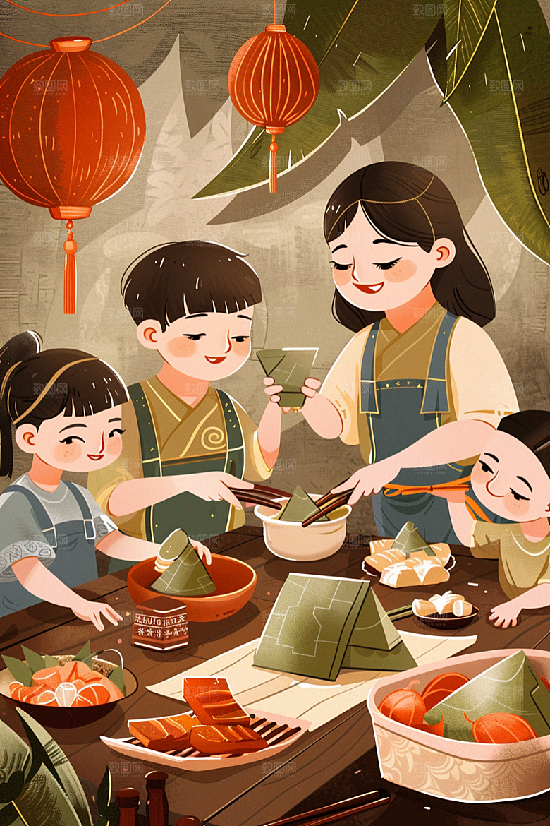 端午包粽子美味端午节插画