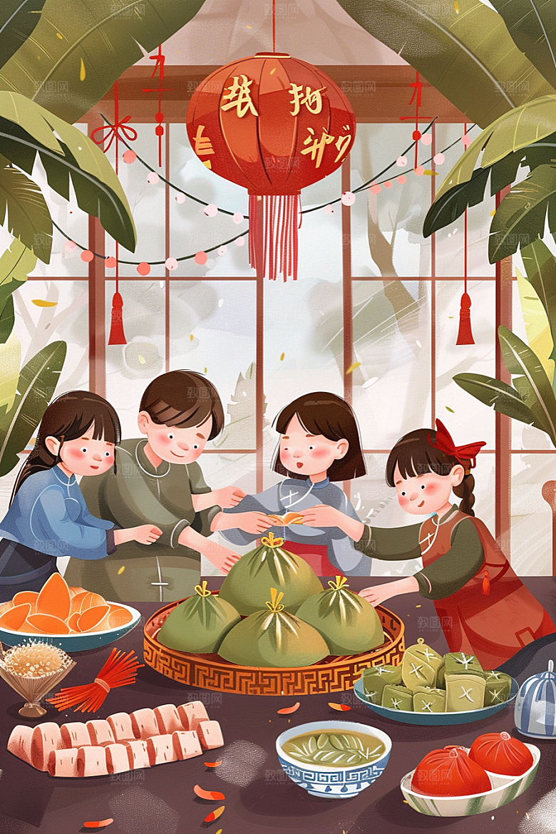 端午包粽子温馨粽叶插画