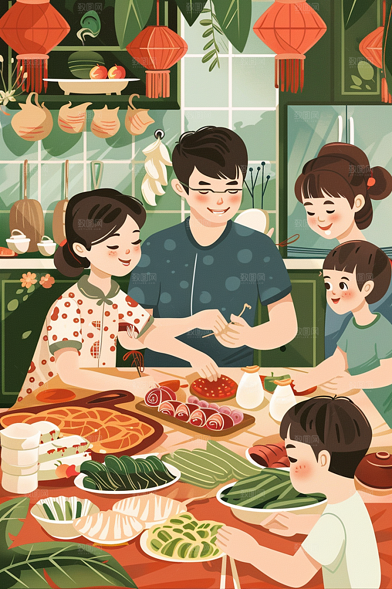 端午包粽子粽叶美食插画