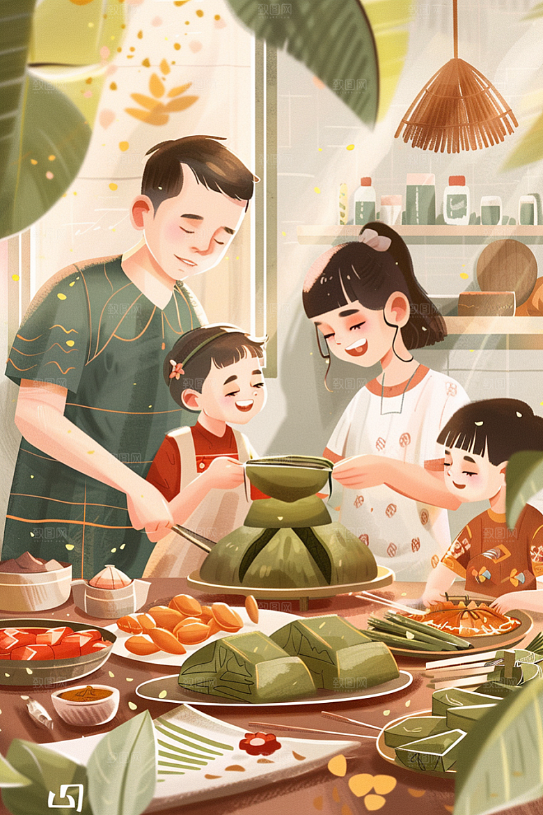 端午包粽子美食幸福插画