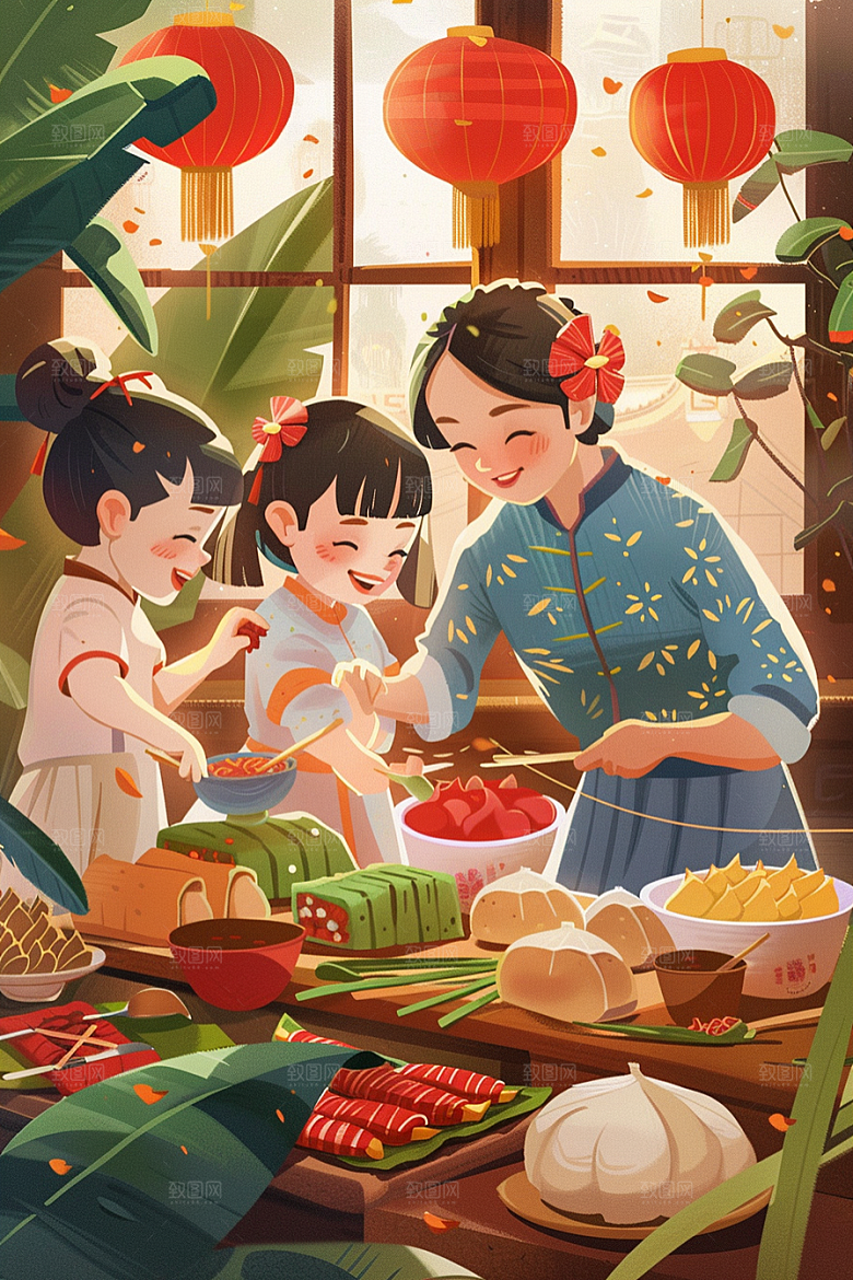 端午包粽子节日节日氛围插画
