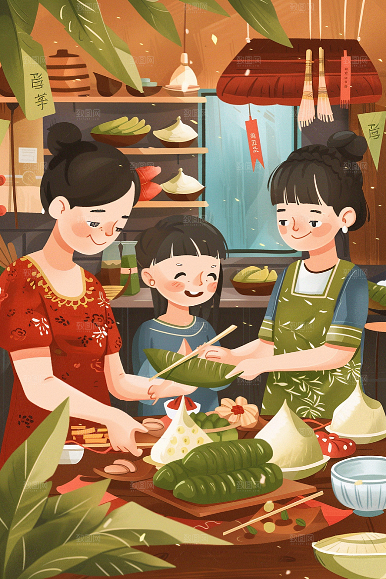 端午包粽子幸福端午节插画