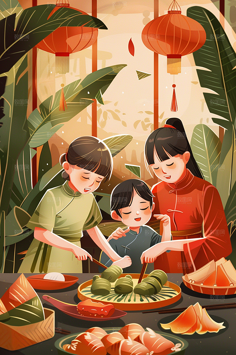 端午包粽子幸福节日插画