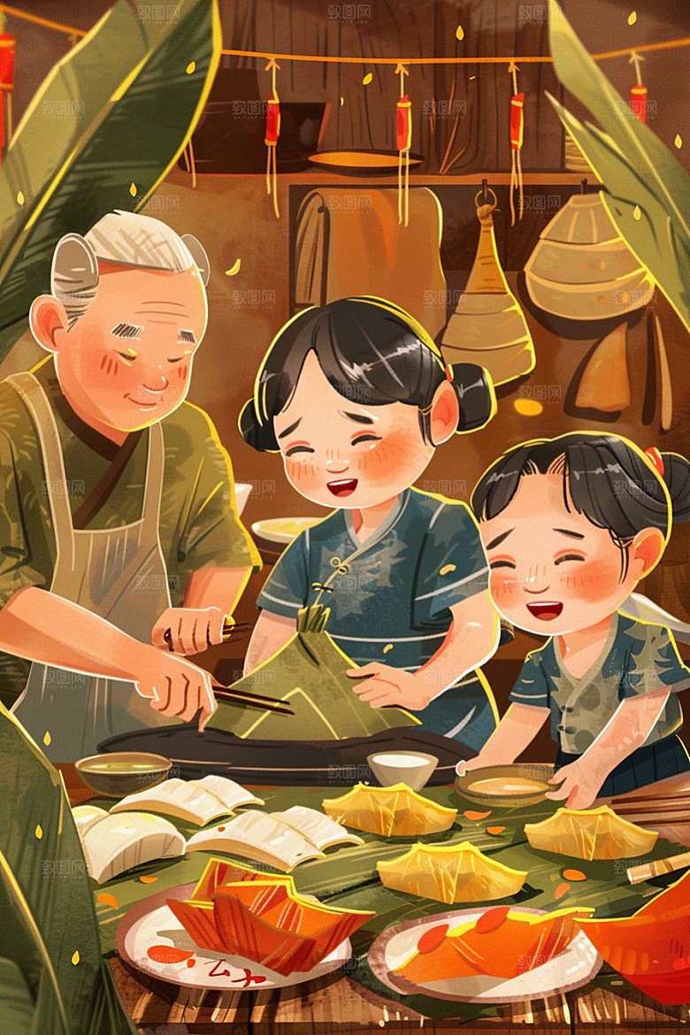 端午包粽子小吃幸福插画