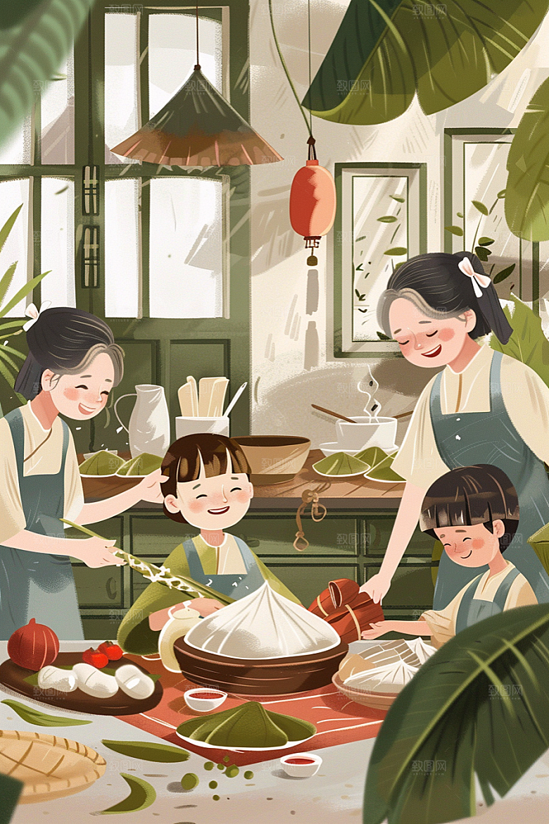 端午包粽子端午节高清插画