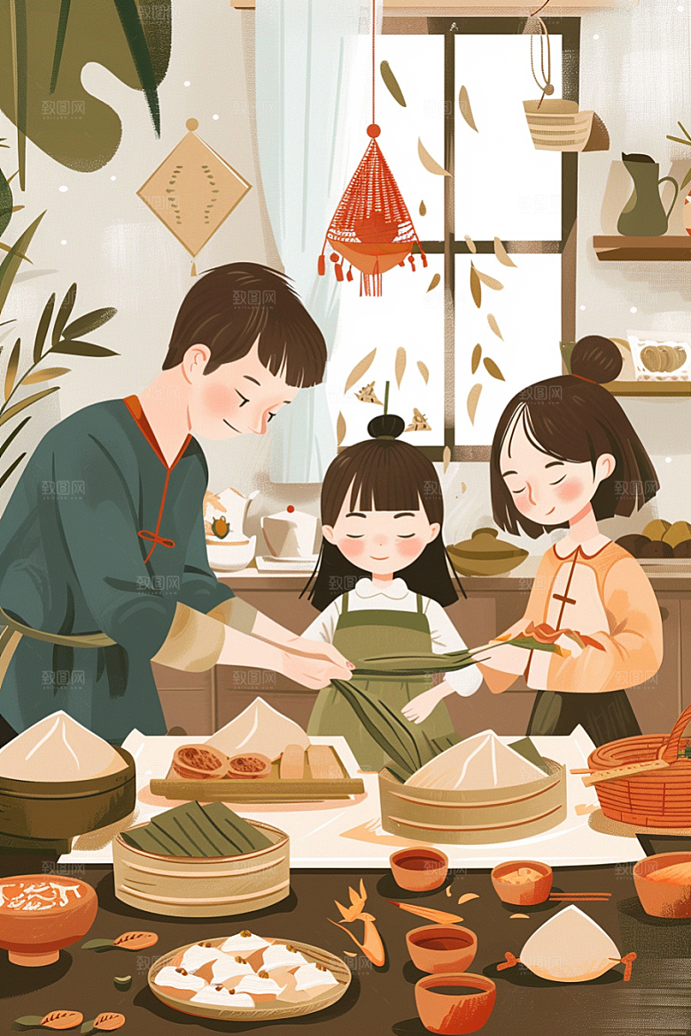 端午包粽子美食端午节插画