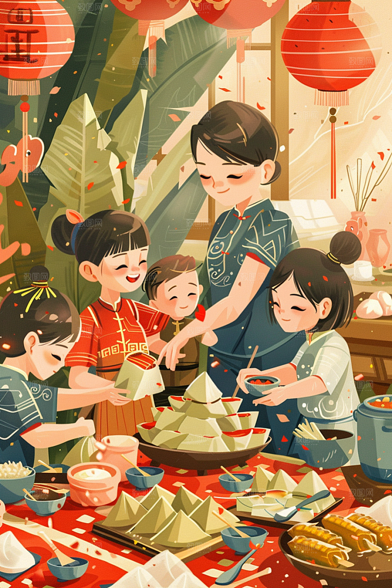 端午包粽子美食节日插画
