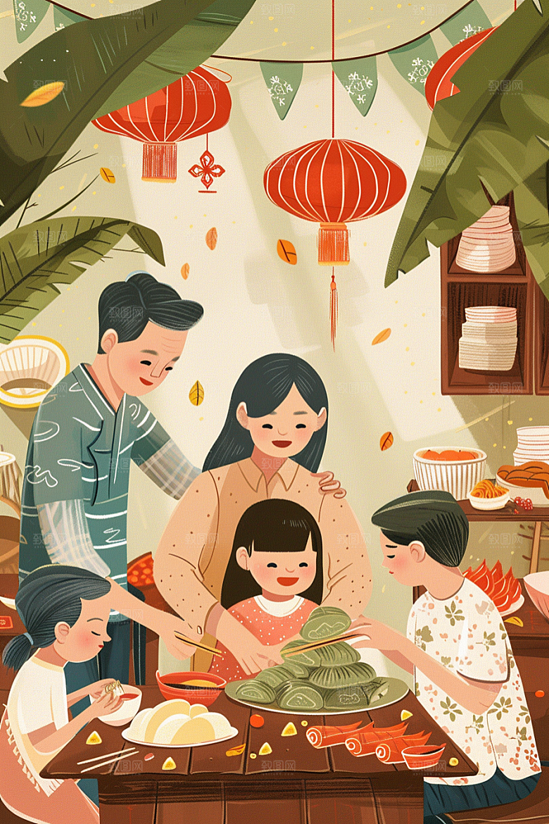 端午包粽子糯米传统文化插画