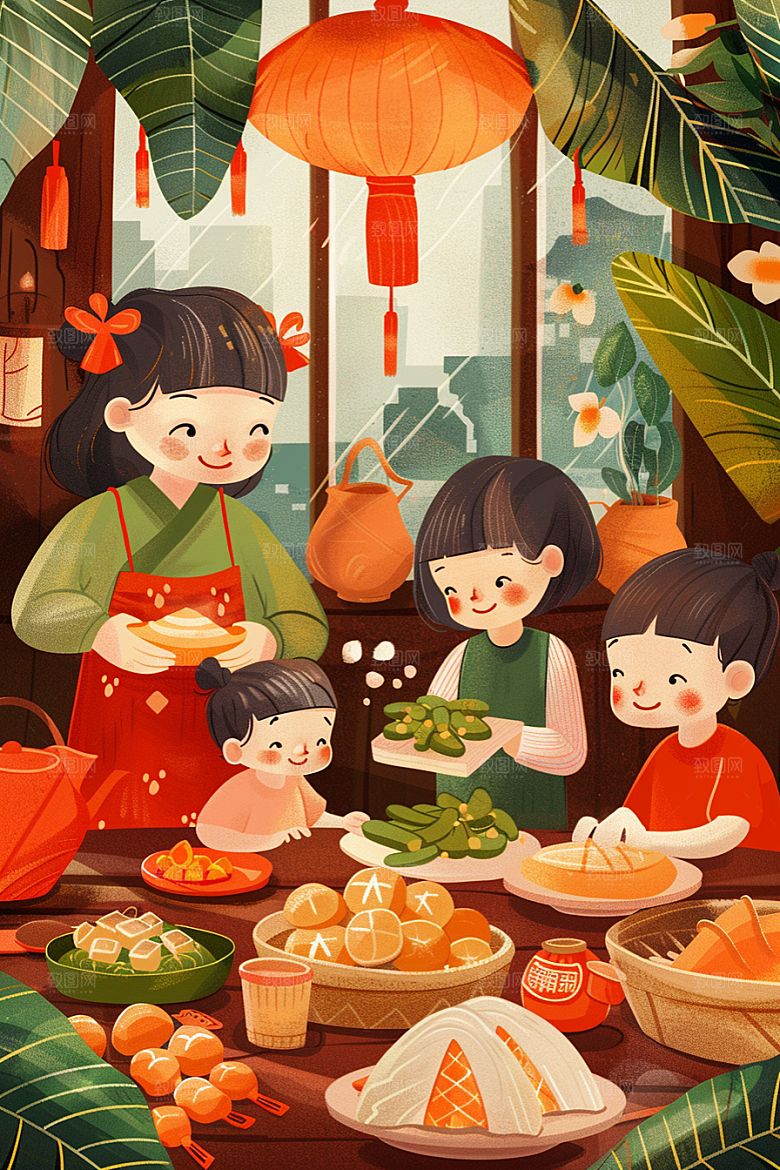 端午包粽子美食美味插画