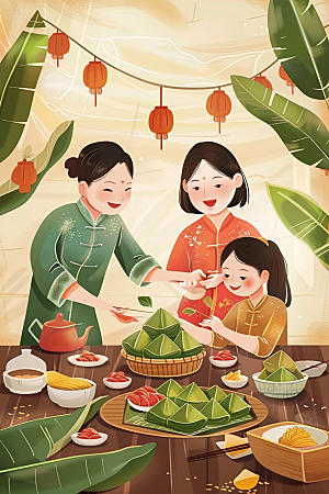 端午包粽子幸福美食插画
